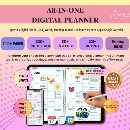 All-in-One Digital Planner 2025 /26 /27, Hyperlink Digital Planner,  Goodnotes Planner, Apple Google Calendar
