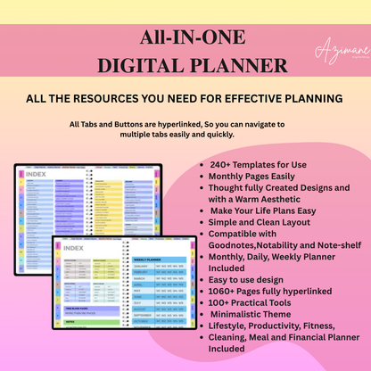 All-in-One Digital Planner 2025 /26 /27, Hyperlink Digital Planner,  Goodnotes Planner, Apple Google Calendar