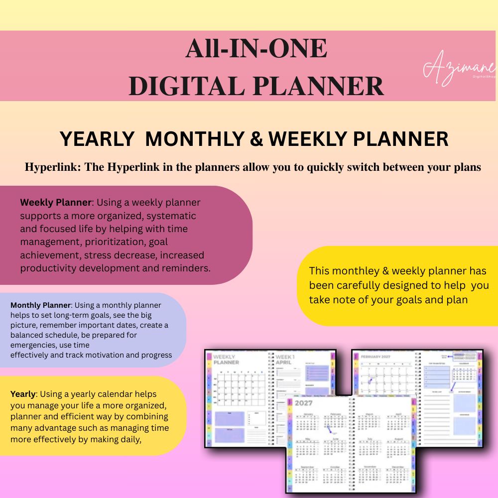 All-in-One Digital Planner 2025 /26 /27, Hyperlink Digital Planner,  Goodnotes Planner, Apple Google Calendar