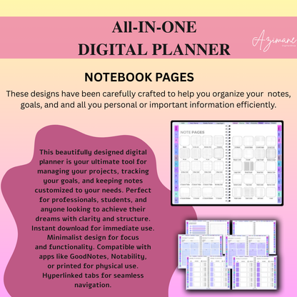 All-in-One Digital Planner 2025 /26 /27, Hyperlink Digital Planner,  Goodnotes Planner, Apple Google Calendar